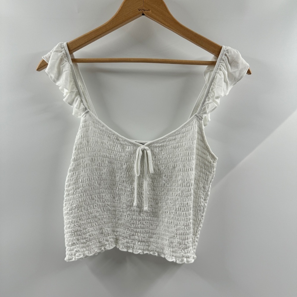 Forever 21 White Smocked Cropped Tank Top with Ruffle Straps & Front Tie | Size